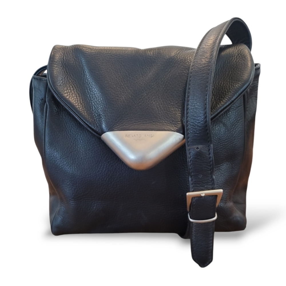 Renato Angi Black Calf Leather Shoulder Bag Italian